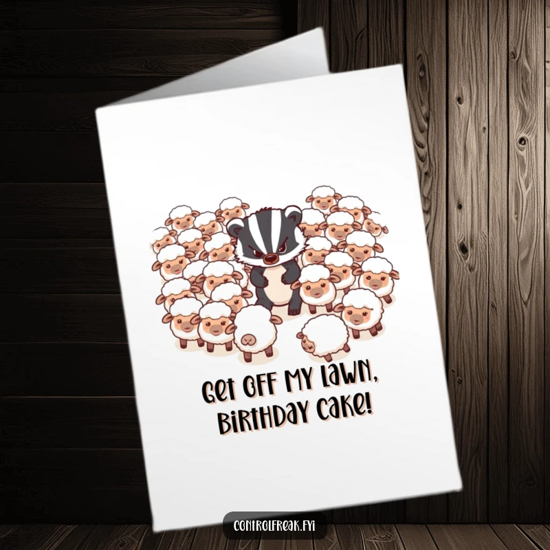 Funny Free Printable Birthday Card: Grumpy badger struggles to herd scattered sheep, a humorous take on birthday wishes for the chaotic.