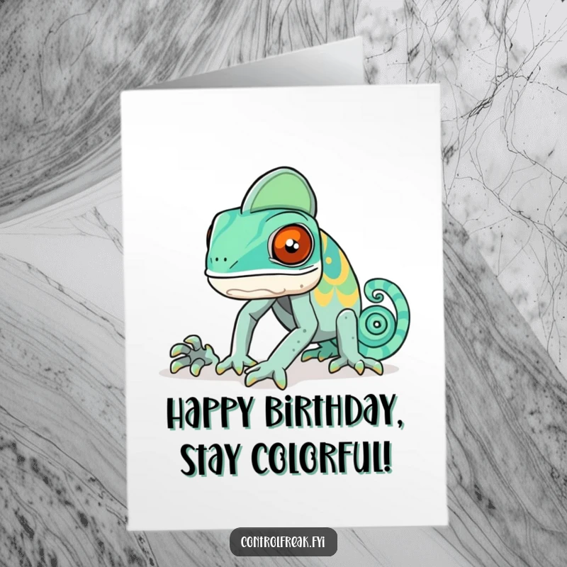 Funny Free Printable Birthday Card: a focused chameleon expertly blending its colors into a specific, pre-determined pattern.