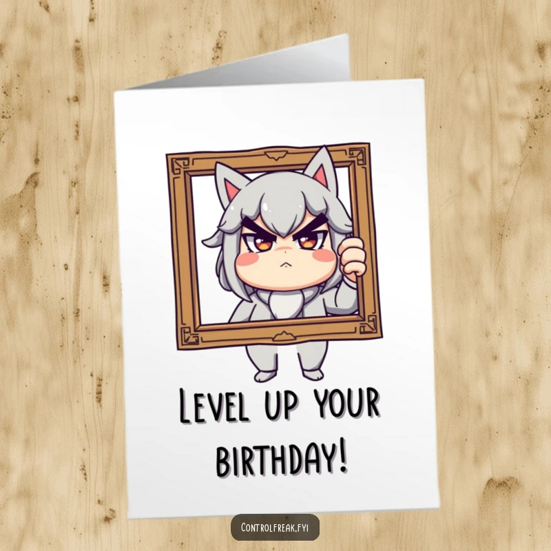 Funny Free Printable Birthday Card showing a character with a stern yet playful look adjusting a tilted picture frame, great for download.
