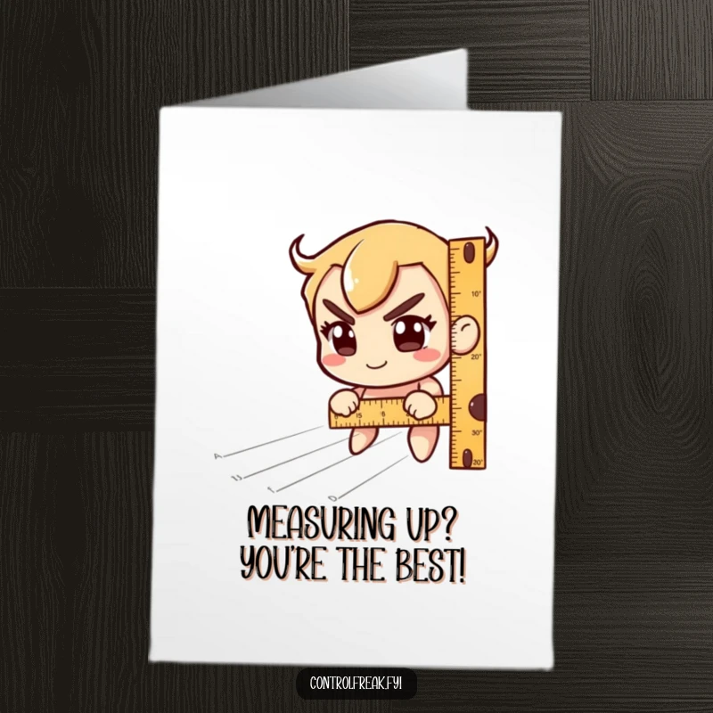 Funny Free Printable Birthday Card: Character intensely measuring imaginary lines with a quirky, focused smile and a ruler.