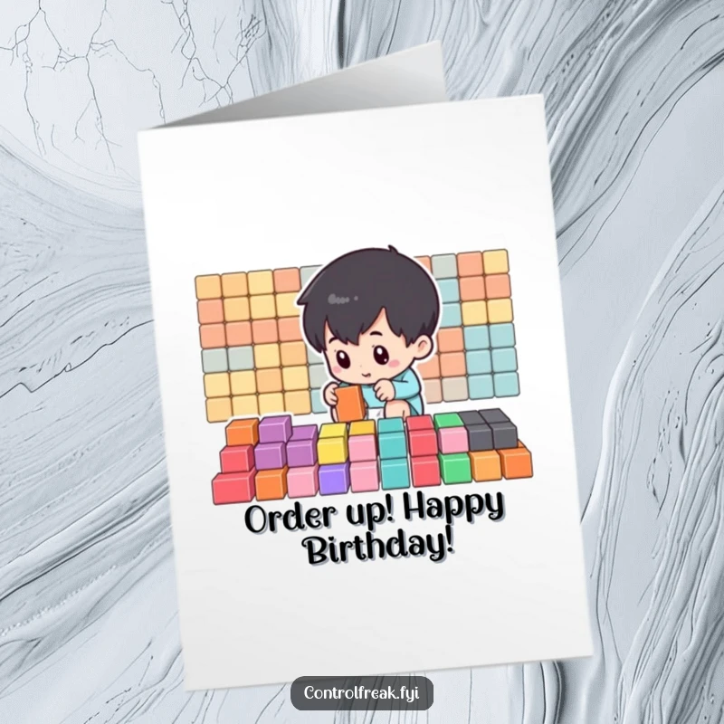 Funny Free Printable Birthday Card: Small character intently organizing colorful blocks into perfect rows, a humorous gift.