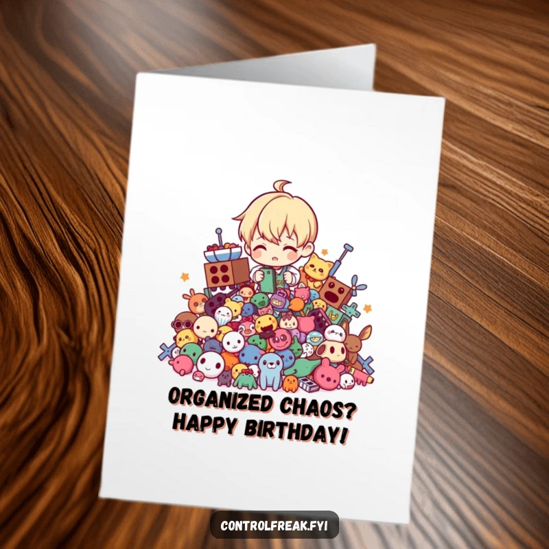 Funny Free Printable birthday card showing a character neatly stacking toys, bringing order to a chaotic pile.