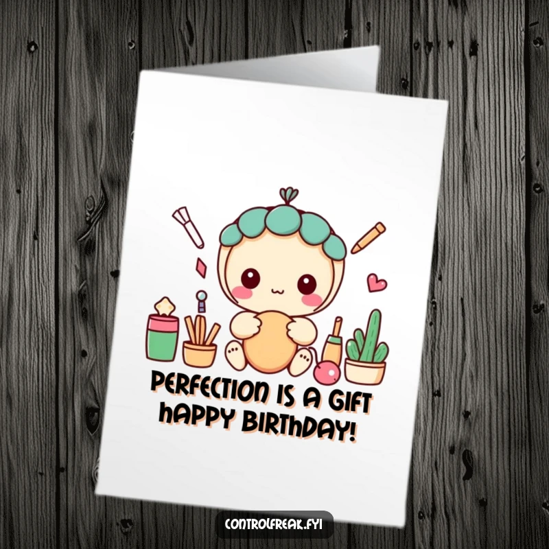 Funny Free Printable Birthday Card: Kawaii character meticulously straightening objects in a perfect, satisfyingly straight line.