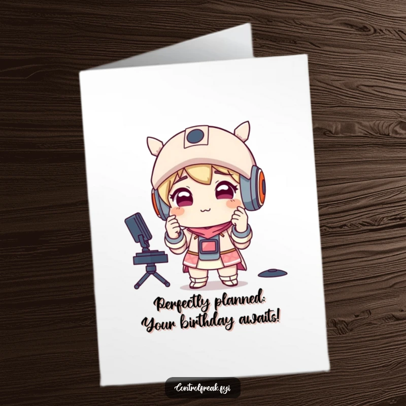 Funny Free Printable Birthday Card: Character with satisfied smirk adjusts perfectly aligned items. Organized downloadable art.