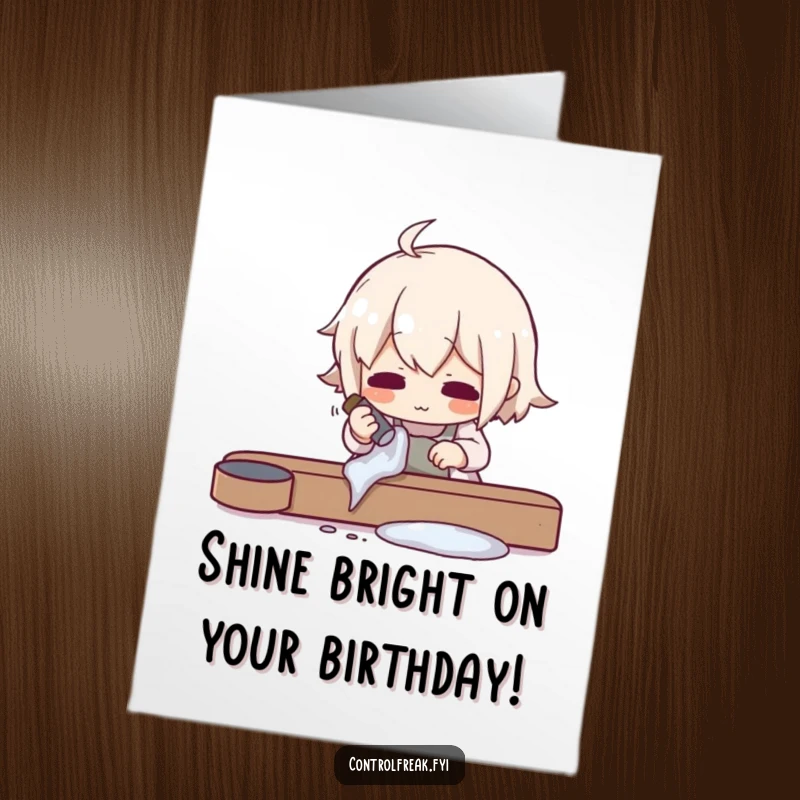 Funny Free Printable Birthday Card featuring a character polishing an object to an impossible shine, great for download.