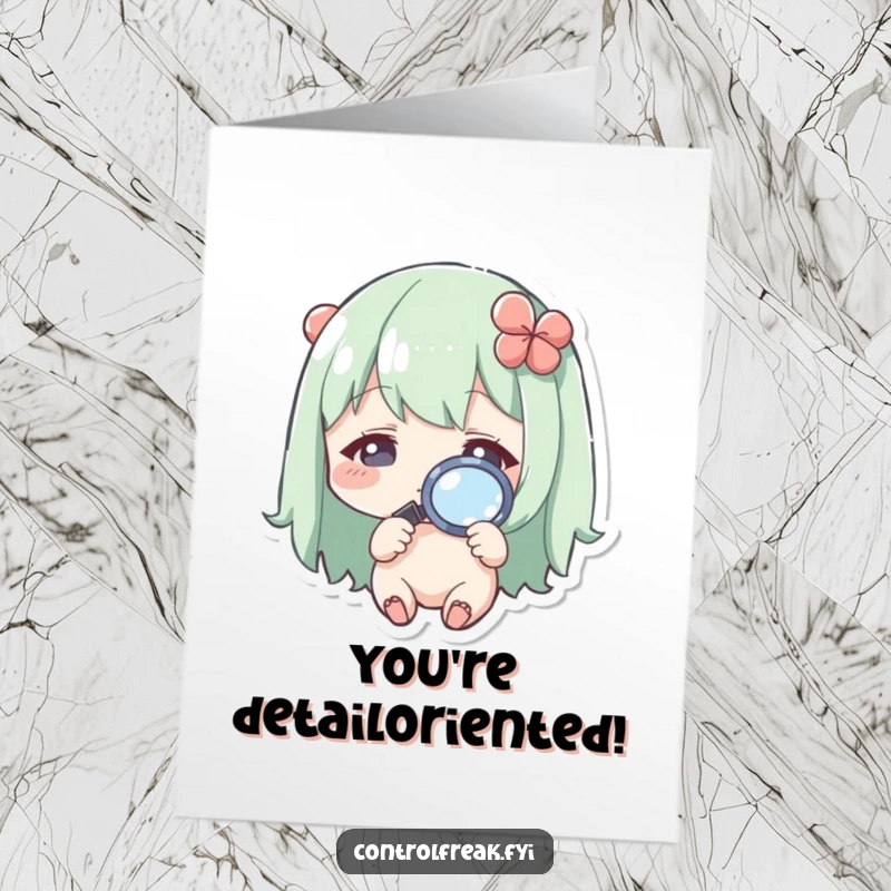 Funny Free Printable Birthday Card featuring a Kawaii character with a magnifying glass intensely inspecting a tiny speck, celebrating their sharp eye.