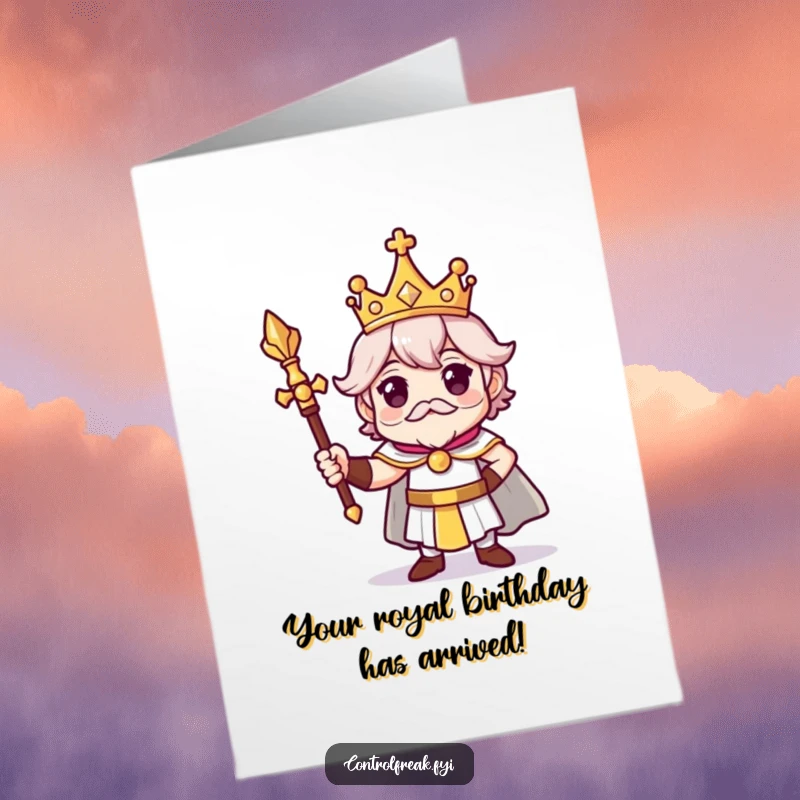Funny Free Printable Birthday Card: Character with tiny crown and scepter poses regally, proud. Royal downloadable art.