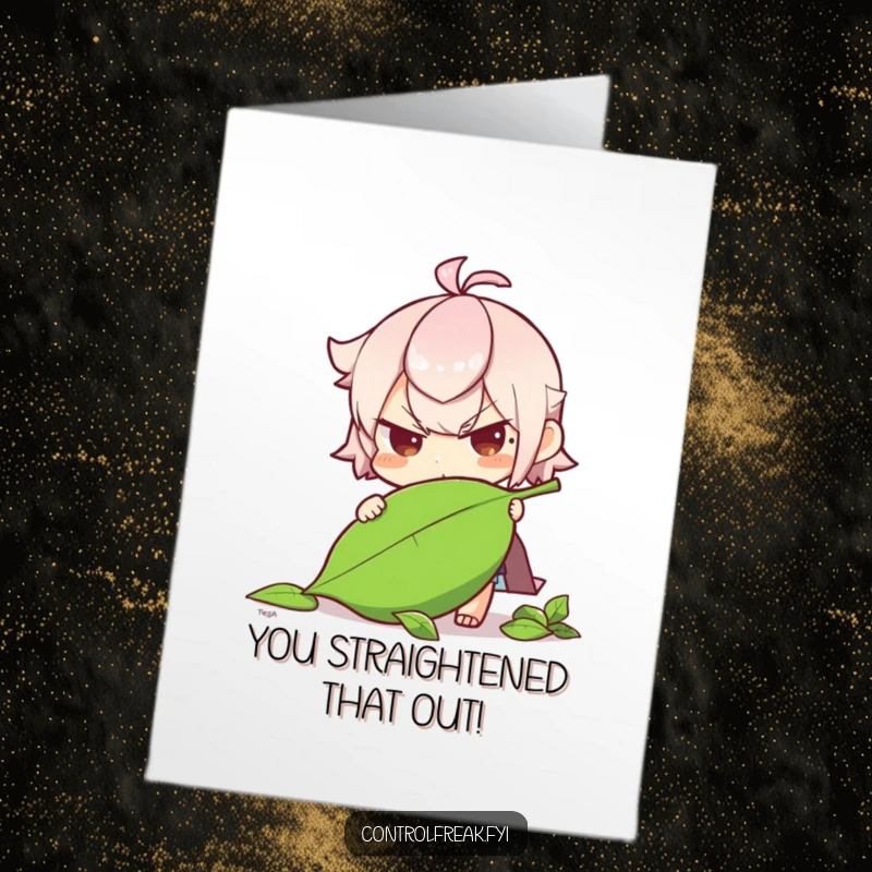 Funny Free Printable Congratulations Card: A character with a serious, determined look is gently setting a fallen leaf upright.