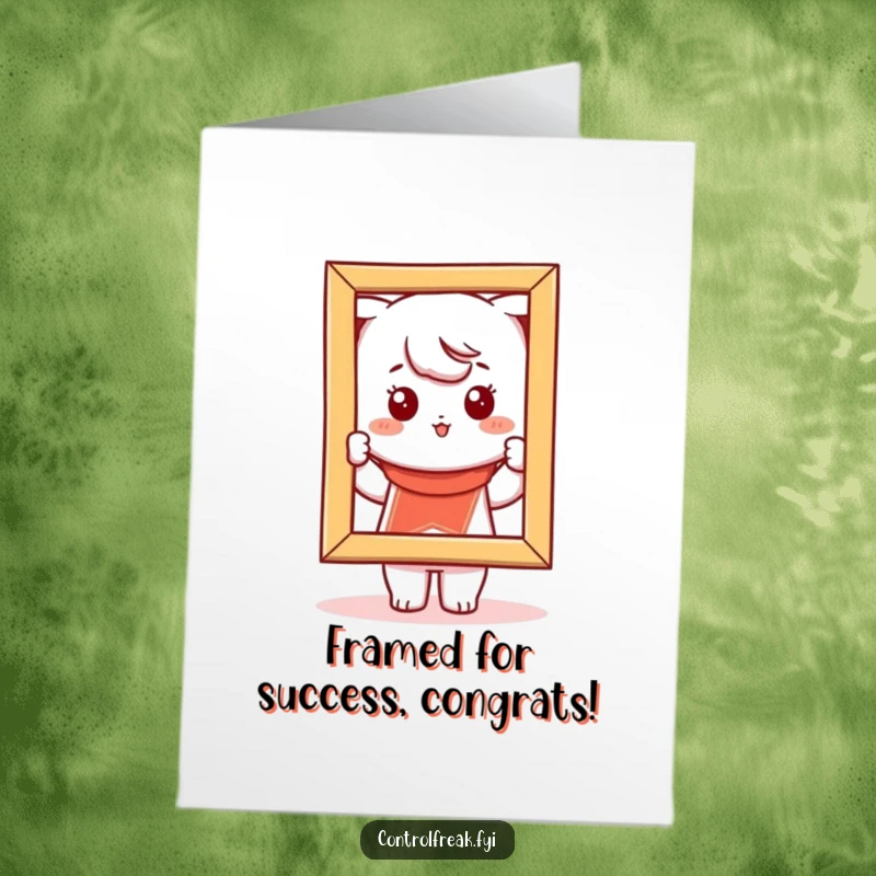 Funny Free Printable Congratulations Card featuring a Kawaii character playfully adjusting a crooked frame, signifying perfect achievement.