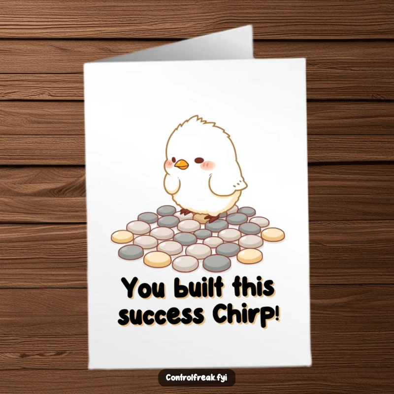 Funny Free Printable Congratulations Card: Fluffy bird arranging pebbles in geometric patterns, celebrating exactness and achievement.
