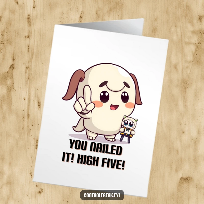 Funny Free Printable Congrats Card: Cartoon character commands a tiny toy, celebrating victory. Hilarious downloadable art.