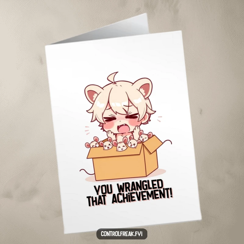 Funny Free Printable Congratulations Card: A stressed character attempting to herd hyperactive cartoon mice into a confined box.