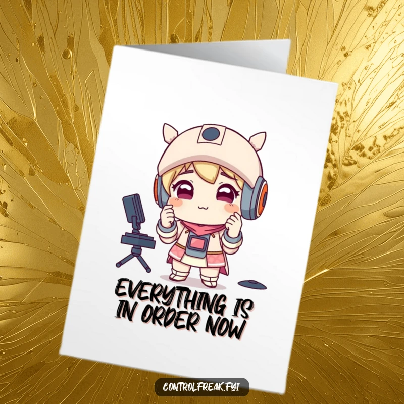 Funny Free Printable Congrats Card: Character with satisfied smirk adjusts perfectly aligned items. Organized downloadable art.