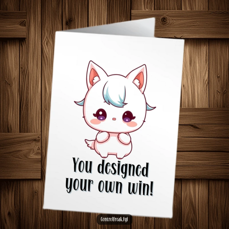 Funny Free Printable Congrats Card: Kawaii character intently studies a blueprint, plotting and celebrating your accomplishment.