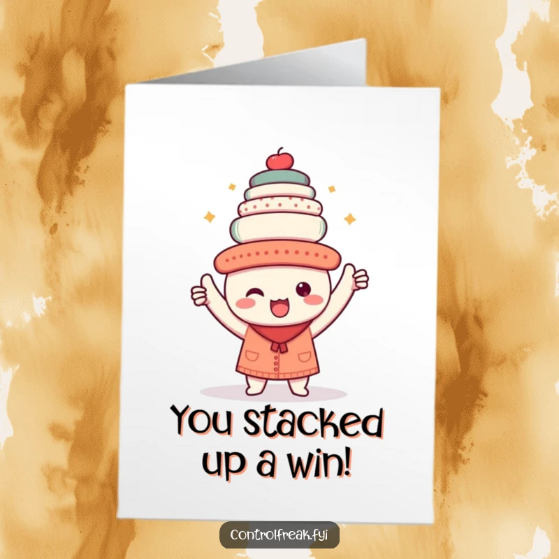Funny Free Printable Congrats Card: Triumphant kawaii character holding a perfectly aligned stack of objects, celebrating success.