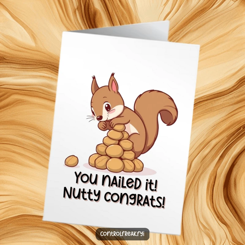 Funny Free Printable Congratulations Card showing a meticulous squirrel balancing a nut pyramid to celebrate success and achievements.