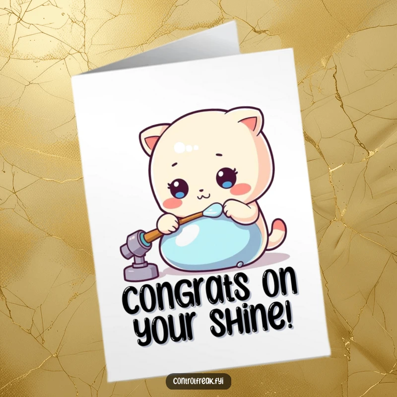 Funny Free Printable Congrats Card: A Kawaii character meticulously polishing a shiny object, great for DIY gifts.