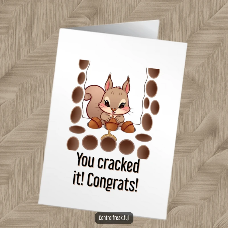 Funny Free Printable Congratulations Card: Squirrel meticulously fitting acorns into neat holes, celebrating accomplishment