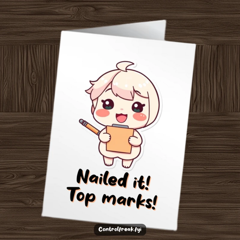 Funny Free Printable Congrats Card: Cheerful character with clipboard and pen looks pleased. Joyful downloadable art.