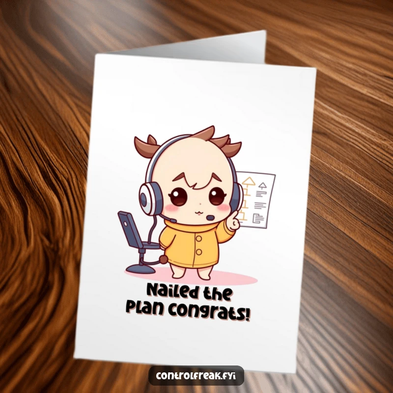 Funny Free Printable Congratulations Card: An intense character with a big headset pointing at a detailed flowchart.