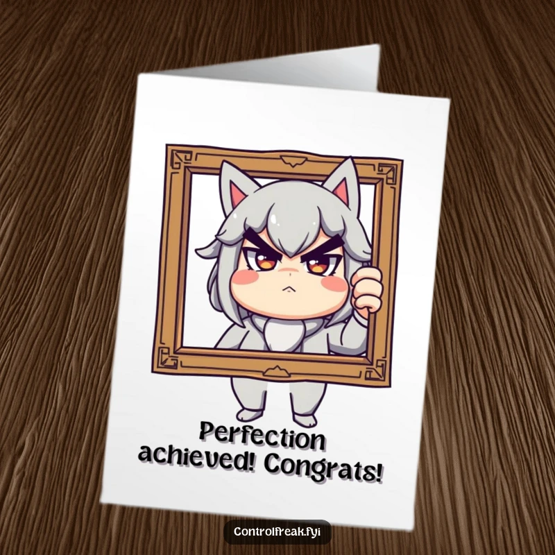 Funny Free Printable Congratulations Card of a character with a stern but playful expression, fixing a crooked picture frame, ready to print.