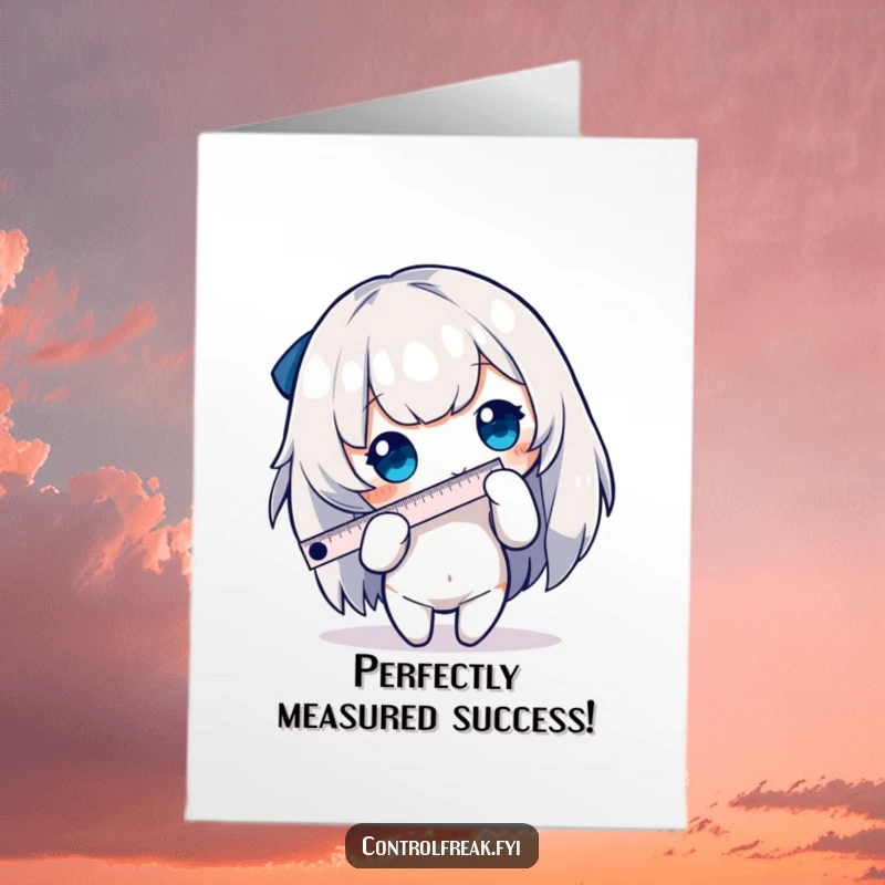 Funny Free Printable Congratulations Card: A character accurately measures an edge with a tiny ruler, celebrating your success.