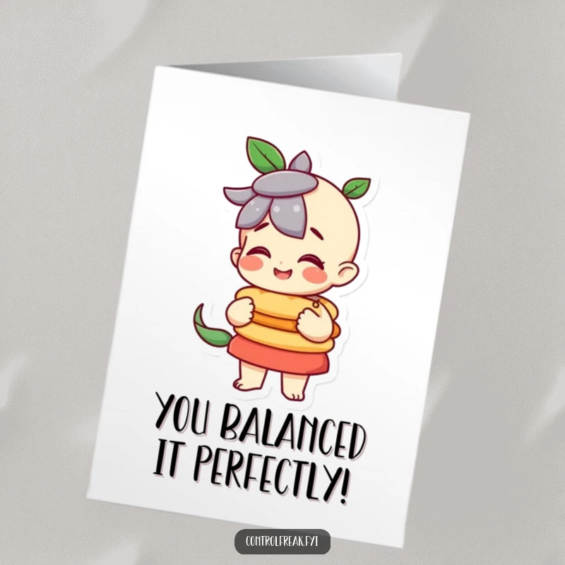 Funny Free Printable Congratulations Card: A character beams with pride while holding a perfectly stable, balanced stack.