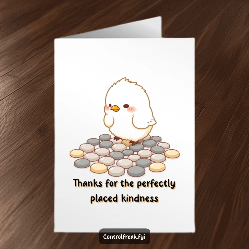 Funny Free Printable Thank You Card: Small bird arranging pebbles in geometric patterns, a structured and funny way to say thank you.