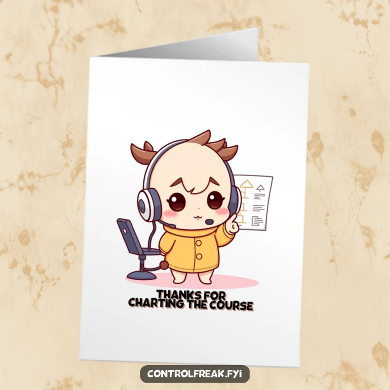 Funny Free Printable Thank You Card: A focused character in a large headset pointing definitively at a flowchart.
