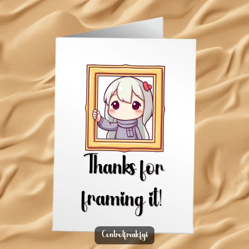 Funny Free Printable Thank You Card: Character carefully straightens a crooked picture frame, a symbol of perfectly expressed gratitude.