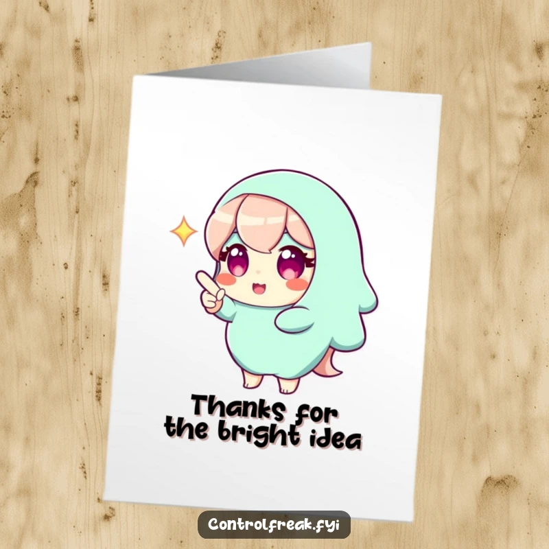 Funny free printable thank you card. A character with a bright gleam indicates the perfect solution to express sincere thanks.