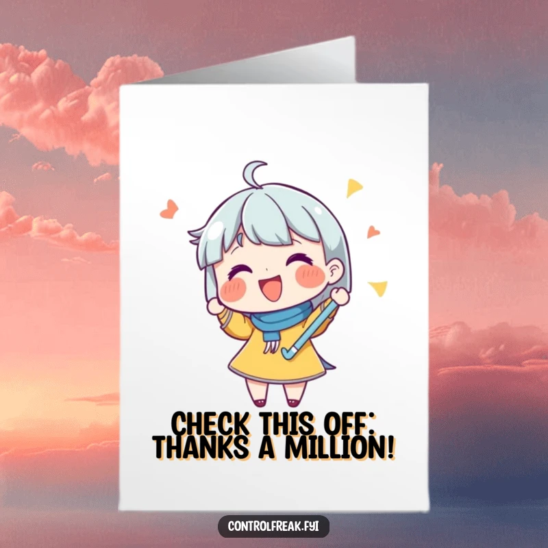 Funny Free Printable thank you card with a character beaming while checking off a list, showing sincere appreciation.