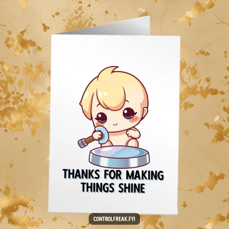 Funny Free Printable Thank You Card: Kawaii character polishes an item to a brilliant sheen, showing heartfelt thanks.