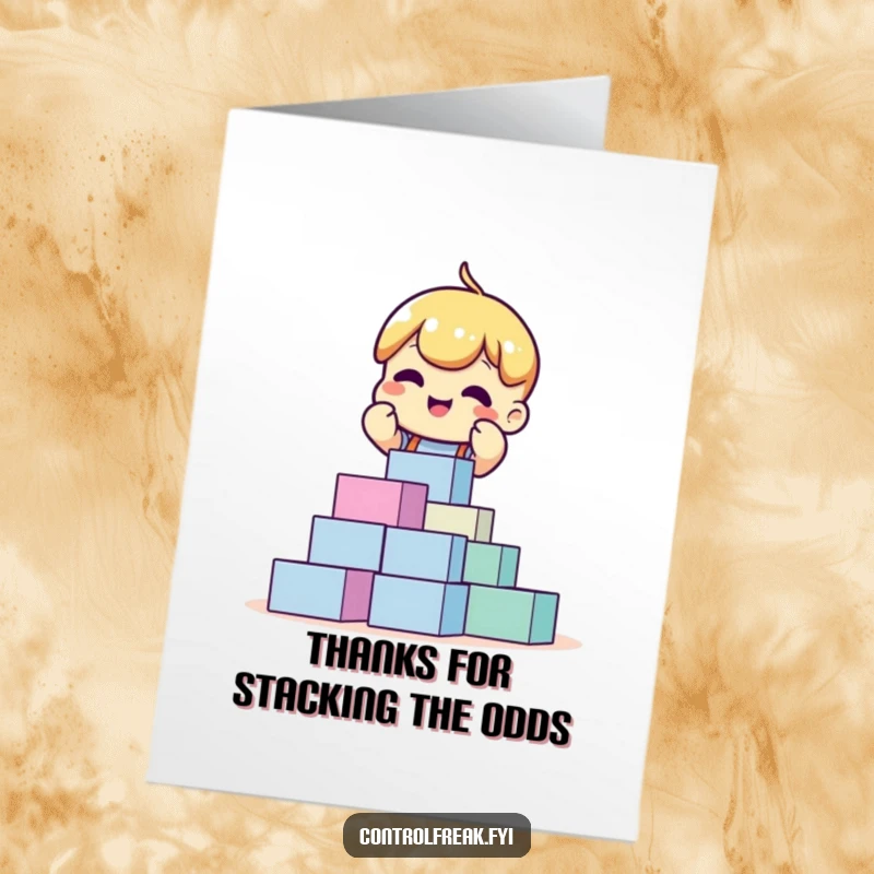 Funny Free Printable Thank You Card: A cheerful character meticulously stacking blocks into a perfect, stable tower.