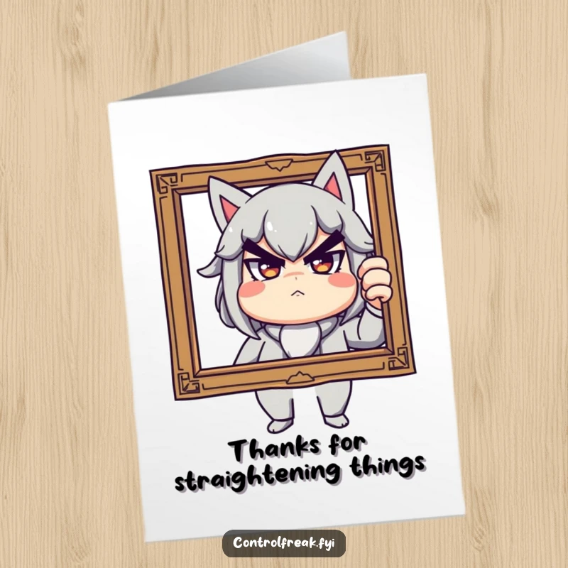 Funny Free Printable Thank You Card featuring a character with a stern but playful face adjusting a slightly tilted photo frame, easy to print.