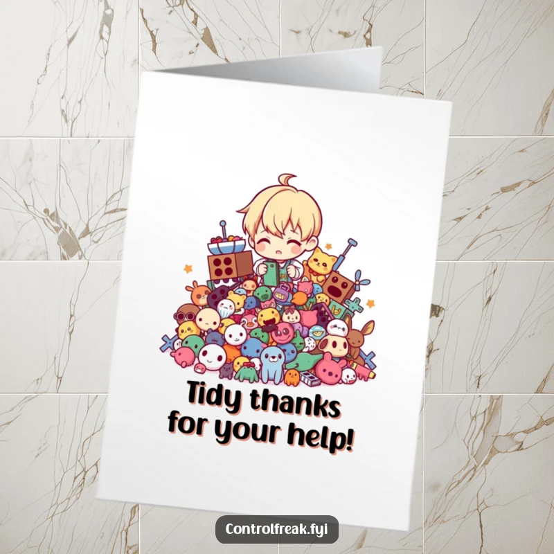 Funny Free Printable thank you card with a character neatly arranging toys, symbolizing helpfulness and order.