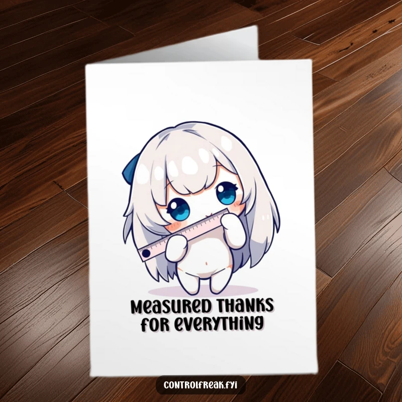 Funny Free Printable Thank You Card: A character uses a tiny ruler to measure an edge, showing careful appreciation.