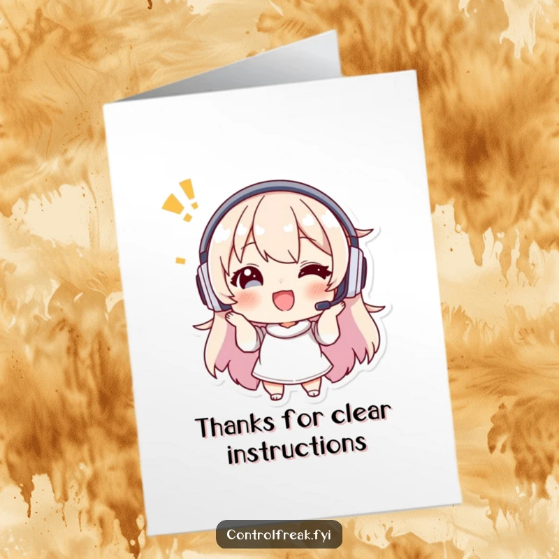 Funny Free Printable thank you card showing a character in a headset giving enthusiastic, precise instructions, perfect for showing gratitude.