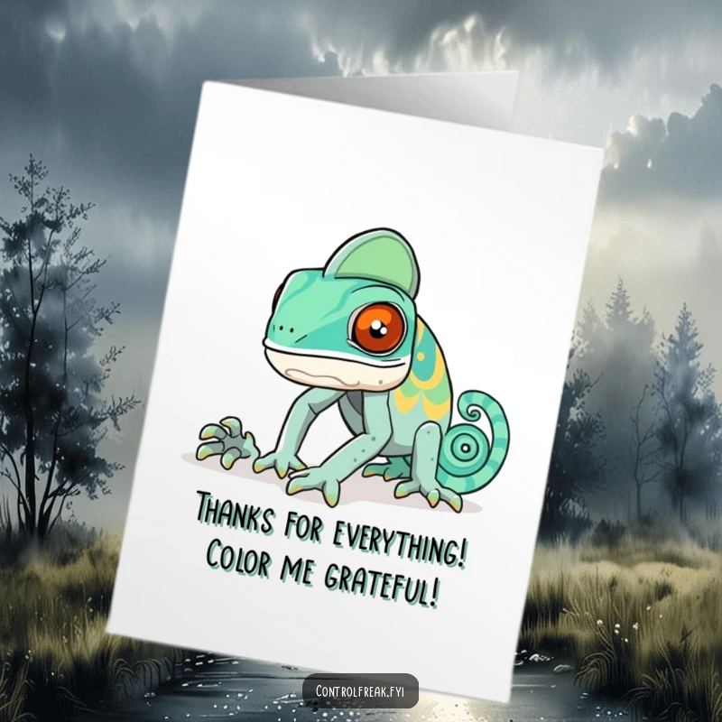 Funny Free Printable Thank You Card: a chameleon perfectly matching a complex pattern, showing gratitude for a good fit.