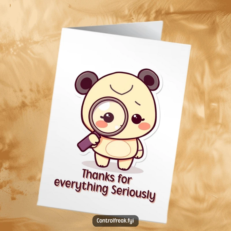 Funny Free Printable Thank You Card: Tiny character with a magnifying glass obsessively pointing at a dot, a thoughtful gift.