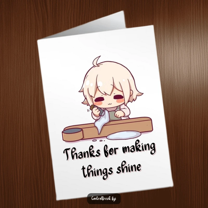 Funny Free Printable Thank You Card depicting a character obsessively polishing a common item to an impossible, dazzling shine, perfect for sending.