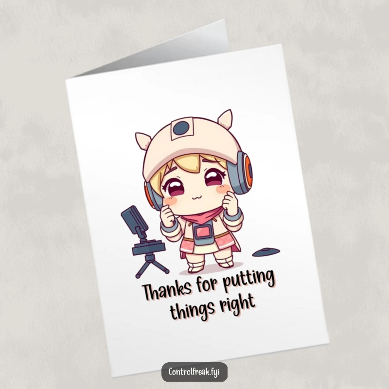 Funny Free Printable Thank You Card: Character with satisfied smirk adjusts perfectly aligned items. Organized downloadable art.
