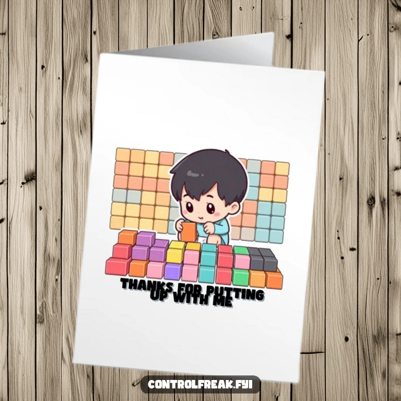 Funny Free Printable Thank You Card: Small character intently organizing colorful blocks into perfect rows, a thoughtful gift.