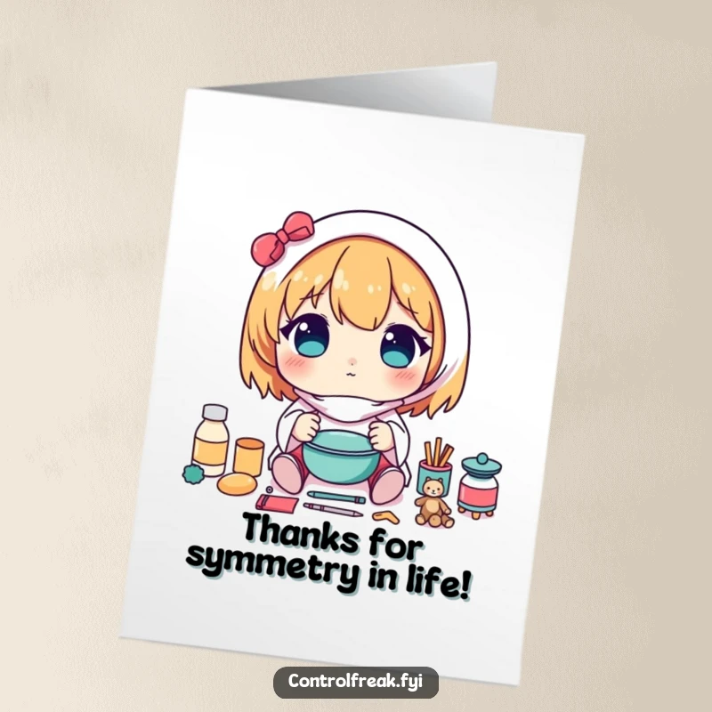 Funny Free Printable Thank You Card: Kawaii character carefully arranging items in a perfectly symmetrical pattern, a harmonious thank you.