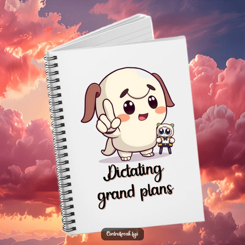 Funny notebook with a dramatic cartoon character pointing, commanding a tiny toy, perfect for jotting down ideas with humorous authority.