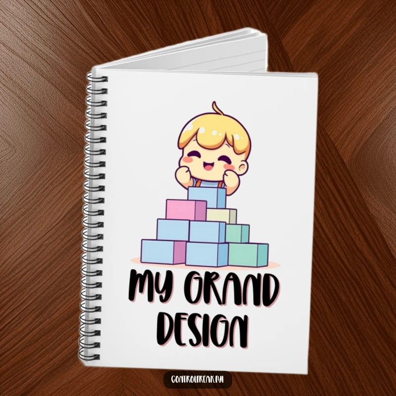 Funny notebook featuring an excited character perfectly stacking blocks, perfect for jotting down organized thoughts and plans.