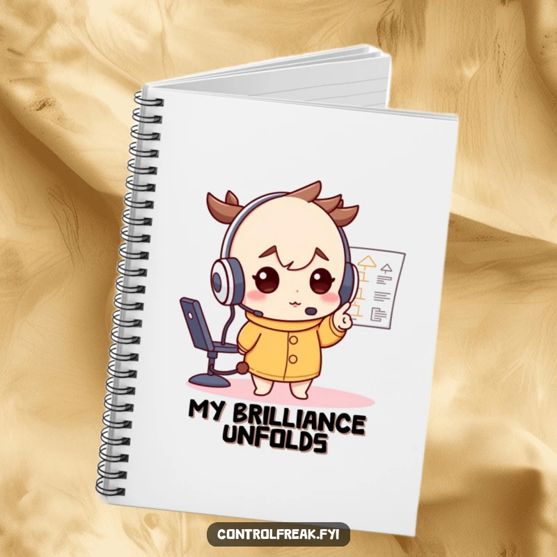Funny notebook featuring a character in a large headset, deterministically pointing at a flowchart, perfect for jotting down plans and strategies.