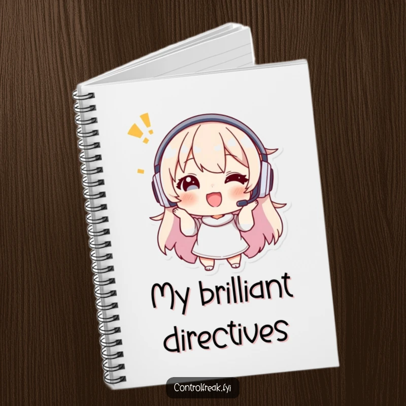 Funny notebook with a character wearing a headset giving enthusiastic, precise instructions, ideal for note-taking.
