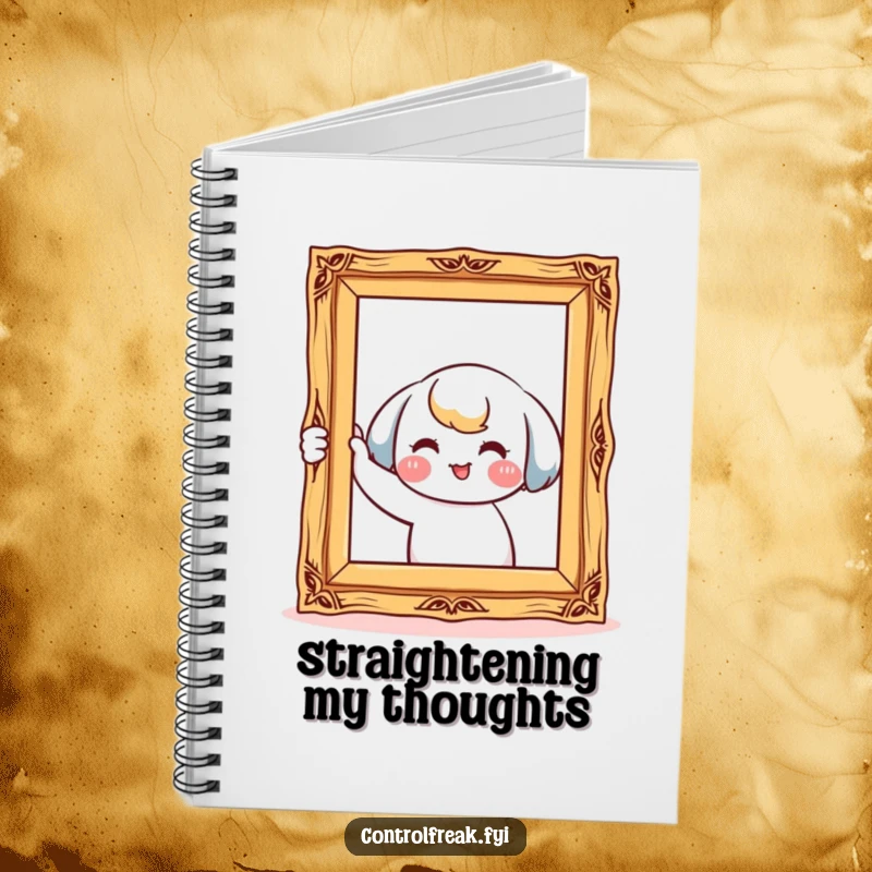 Funny notebook with a kawaii character smiling while meticulously straightening a crooked picture frame, perfect for neat journaling.