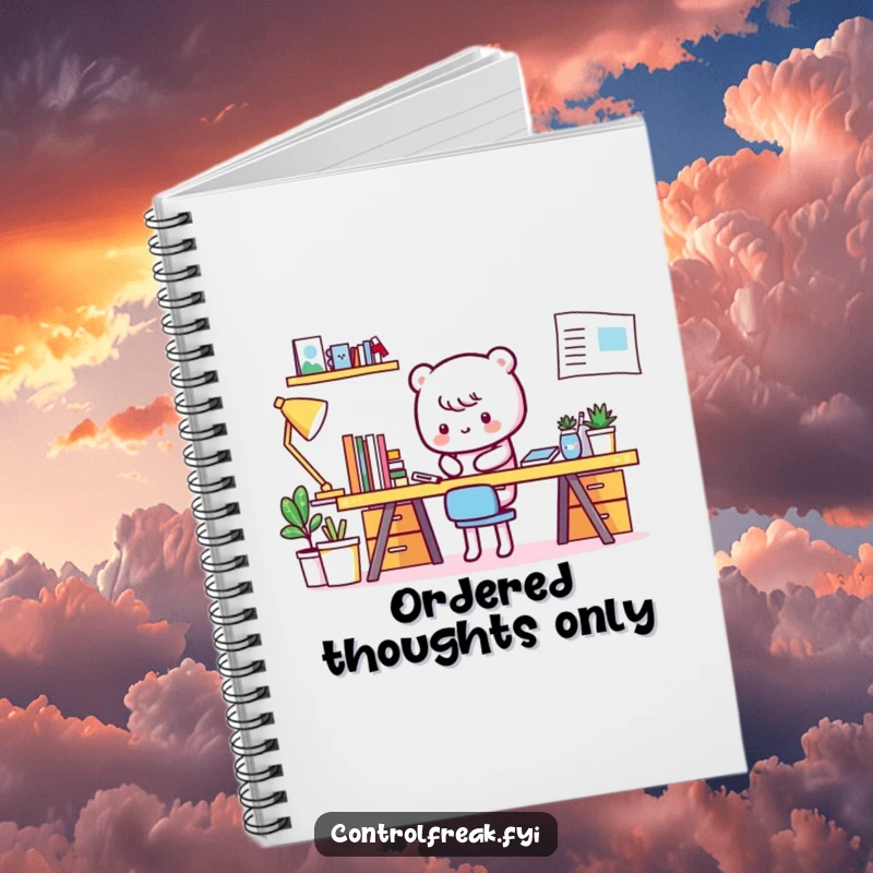 Funny Kawaii character notebook, diligently tidying a spotless desk, ideal for organized note-taking.